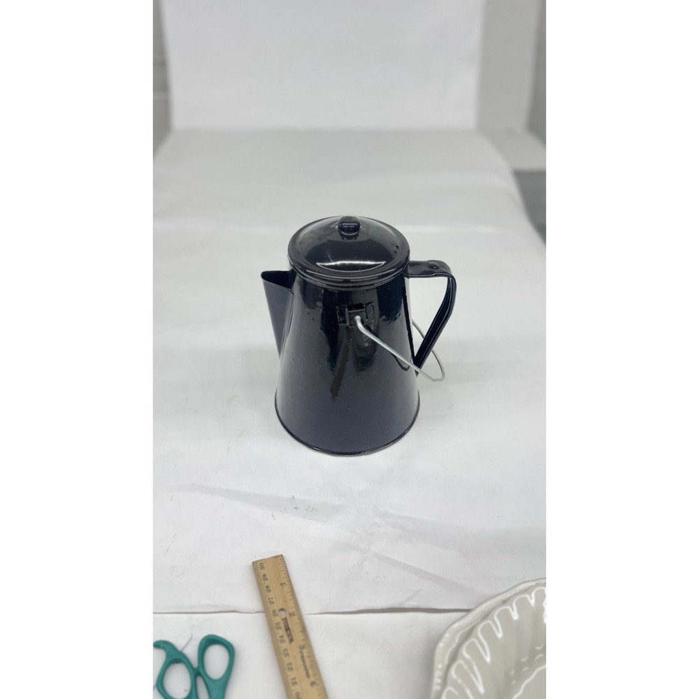 Vintage Black & White Speckled Enamelware Percolator Camping Cowboy Coffee Pot